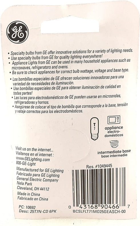 GE 10692 Appliance Microwave Oven Replacement Bulb, 25 Watt, T7, E17 Base, 6 Pack
