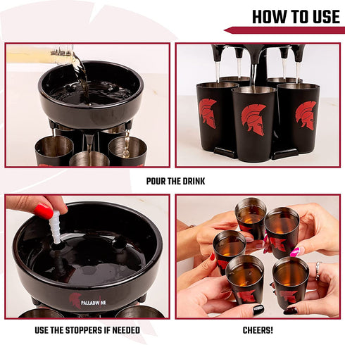 Spear Shot Dispenser with 5 Glasses Pack Premium Quality Hard Plastic Liquid Pourer and Holder - Durable Stainless Steel Glass Smart Gadget Multiple Shots for Party Fiesta Holiday with Family Friends