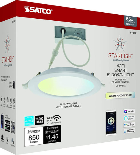 Satco S11262 Starfish 6 Inch Edge-Lit WiFi Smart LED Recessed Downlight, Works with Siri, Alexa, Google Assistant, SmartThings, Tunable White, 850 Lumens