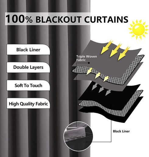 WONTEX 100% Grey Blackout Curtains for Bedroom 52 x 63 inch Length - Thermal Insulated, Noise Reducing, Sun Blocking Lined Rod Pocket Window Curtain Panels for Living Room, Set of 2 Winter Curtains