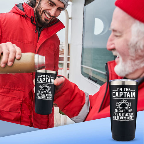 I'm The Captain & I'm Always Right 20oz Stainless Steel Tumbler by The Navy Knot - Double-Insulated Tumbler with Lid, Coffee Travel Mug, Hot Cold Coffee Cup - Nautical Design For Lake & Ocean Boaters