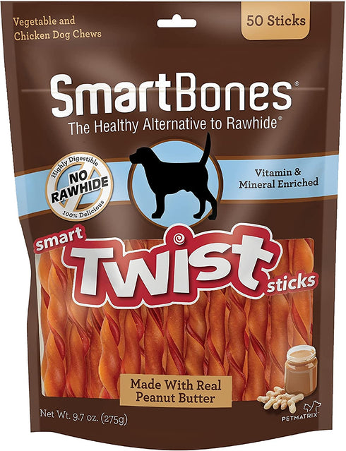 SmartBones Smart Twist Sticks With Peanut Butter 50 Count, Rawhide-Free Chews For Dogs, SBTT-02943, 50-count