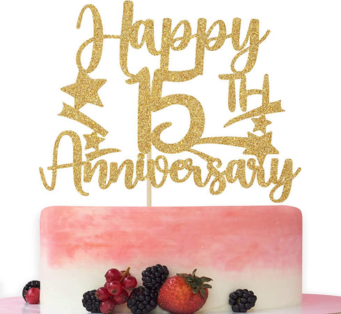 Gold Glitter Happy 15th Anniversary Cake Topper for Wedding Anniversary/Anniversary Party/Happy Birthday Party Decorations