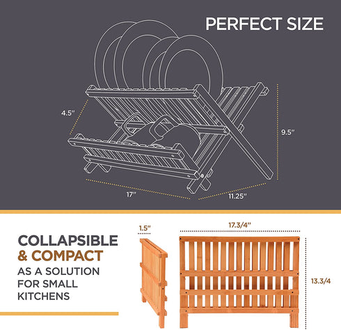 Collapsible Dish Drying Rack - Bamboo 2-Tier Dish Drainer Kitchen Plate Rack for Kitchen Countertop - Foldable & Compact for Space-Saving Storage