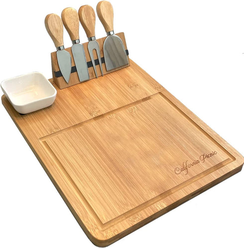 Cheese Board and Knife Set | Wine Board | Organic Bamboo Wood Charcuterie Platter Serving Board Cheese Tray with Cutlery | Perfect for Birthday, Housewarming & Wedding Gifts