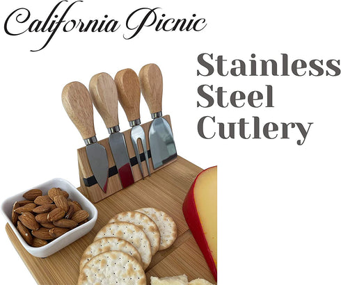 Cheese Board and Knife Set | Wine Board | Organic Bamboo Wood Charcuterie Platter Serving Board Cheese Tray with Cutlery | Perfect for Birthday, Housewarming & Wedding Gifts