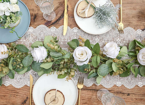 TOPHOUSE Artificial White Rose Garland 6.5ft Eucalyptus Flower Garland Real Touch White Rose Vine for Mantle Table Centerpiece