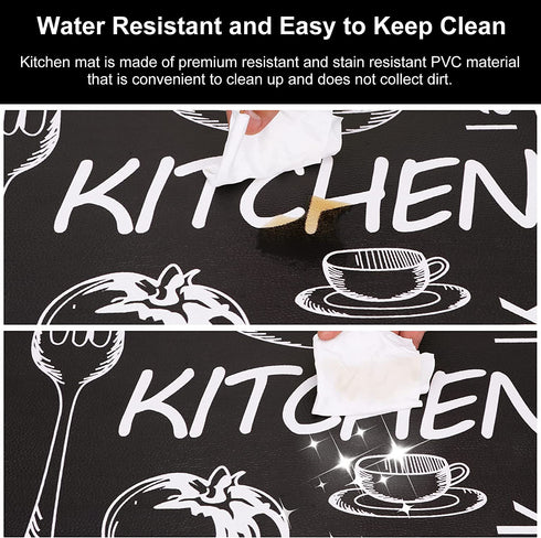HYDLUB Black Kitchen Rugs and Mats Cushioned 18" x 29"+18" x 47" Anti Fatigue Set Farmhouse Kitchen Rug Runner Comfort PVC Leather Heavy Duty Standing Mats Waterproof Non Slip Kitchen Floor Mat