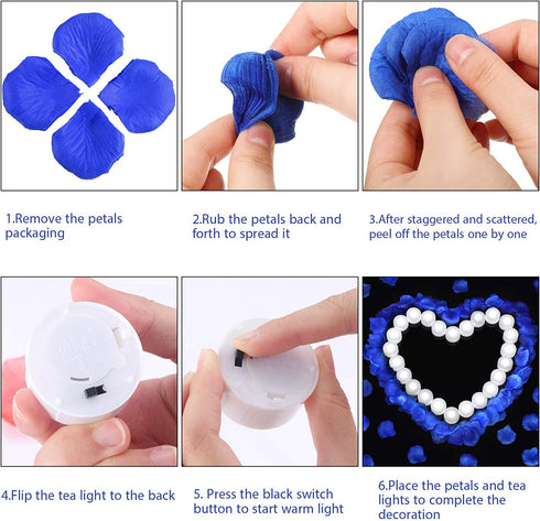 1000 Pieces Artificial Fake Rose Petals with 24 Pieces Flameless LED Tea Lights Candles for Romantic Night, Valentine's Day, Wedding Flower Decoration, Anniversary, Honeymoon (Blue)