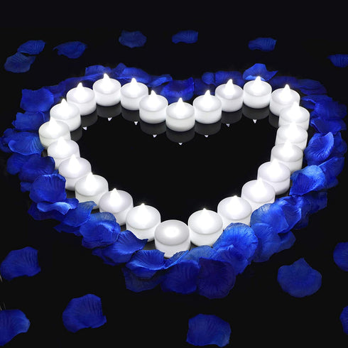 1000 Pieces Artificial Fake Rose Petals with 24 Pieces Flameless LED Tea Lights Candles for Romantic Night, Valentine's Day, Wedding Flower Decoration, Anniversary, Honeymoon (Blue)