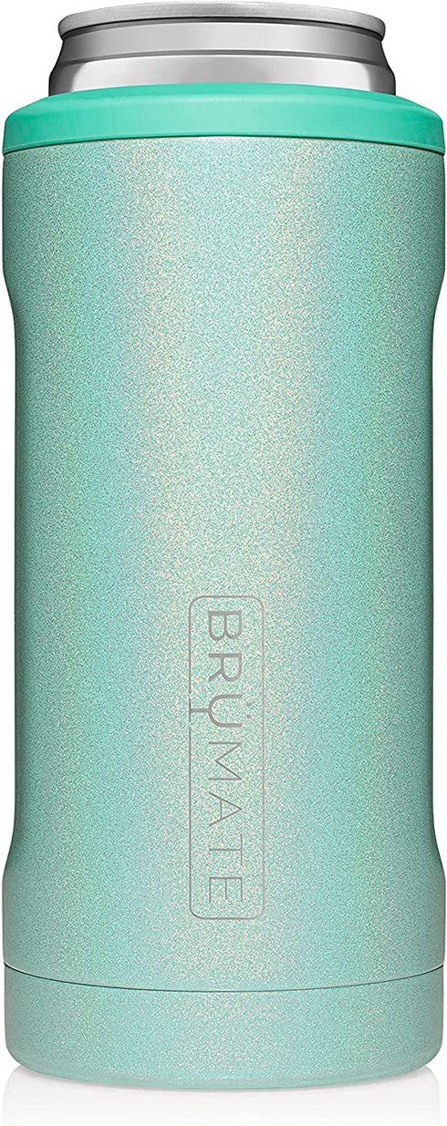 BrüMate Hopsulator Slim Can Cooler Insulated for 12oz Slim Cans | Skinny Can Coozie Insulated Stainless Steel Drink Holder for Hard Seltzer, Beer, Soda, and Energy Drinks (Glitter Aqua)