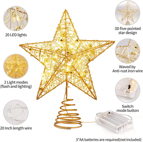 AgoKud Christmas Tree Topper, Gold Christmas Tree Star with 20 LED Lights, 10" Lighted Double-Sided Hollow Star Tree Topper, Christmas Decorations for Trees, Christmas Tree Ornament, Party Decoration