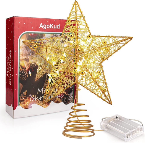 AgoKud Christmas Tree Topper, Gold Christmas Tree Star with 20 LED Lights, 10" Lighted Double-Sided Hollow Star Tree Topper, Christmas Decorations for Trees, Christmas Tree Ornament, Party Decoration