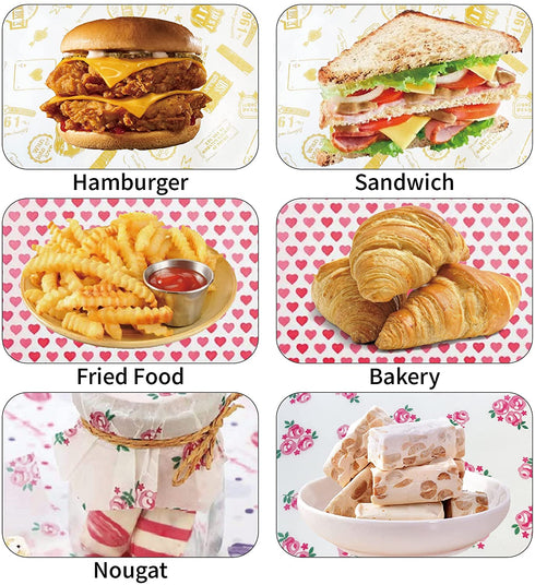Suiwen 3-Pack (150pcs) Wax Paper, Food Picnic Paper, Greaseproof Paper ,Waterproof Dry Hamburger Paper Liners Wrapping Tissue for Plastic Food Basket (Rose, Heart, Stamp)