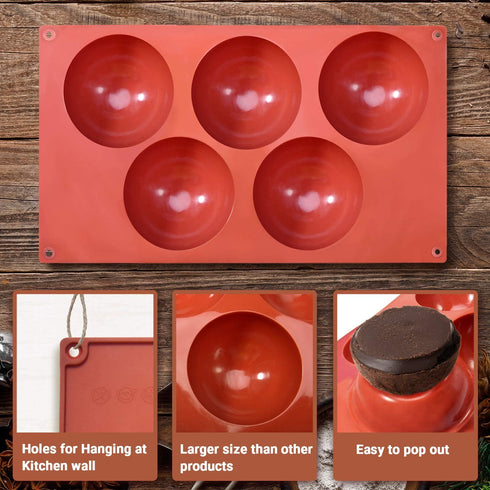 3 Pcs Hot Bomb Mold Silicon, 3'' Hole Chocolate Molds Bomb for Cake Mousse Dessert Baking Pan, Silicone Sphere Chocolate Molds Ball Baking Mold 5 Holes for Chocolate Bombs, Jelly, Dome Mousse
