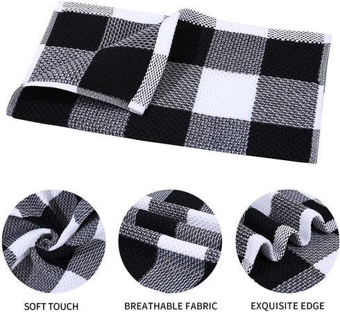 Mordimy 100% Cotton Waffle Weave Check Plaid Kitchen Towels, 13 x 28 Inches, Super Soft and Absorbent Dish Towels for Kitchen, 4-Pack, White & Black