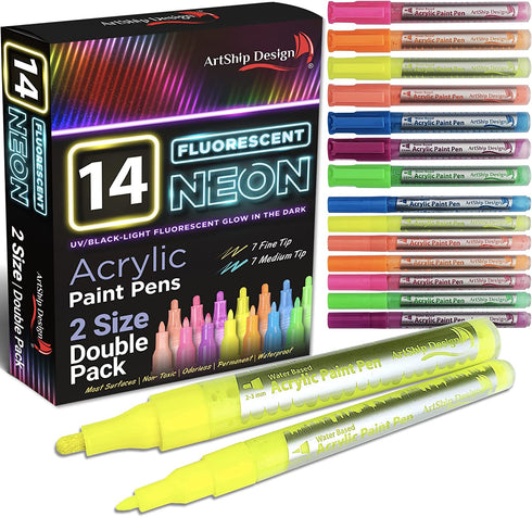 14 Pack Neon UV Fluorescent Acrylic Paint Pens, Double Pack of Both Extra Fine and Medium Tip Paint Markers, for Rock Painting, Mug, Ceramic, Glass, and More, Water Based Non-Toxic and No Odor