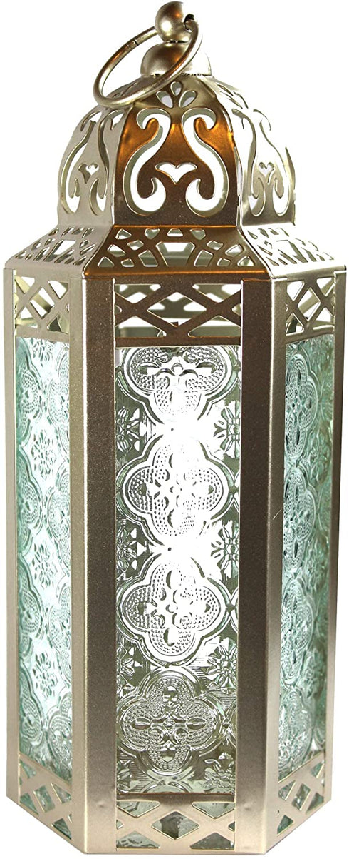 Vela Lanterns White Gold Moroccan Decorative Candle Lantern Holder, Clear Glass, Medium