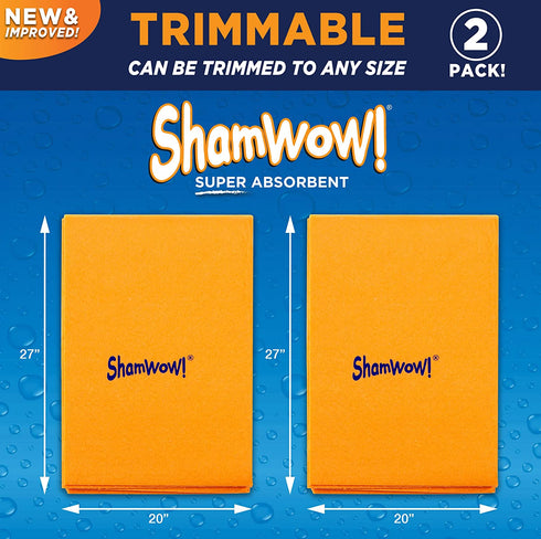 ShamWow- New & Improved Super Absorbent Multipurpose Cleaning Cloth Chamois Towel- Zinc Treated Odor Fibers (2 Pack)