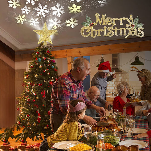 Christmas Tree Topper Star Lighted with Rotating Snowflake LED Projector, Gold Star 3D Glittered Christmas Xmas Tree Decorations Projector Angle Adjustable