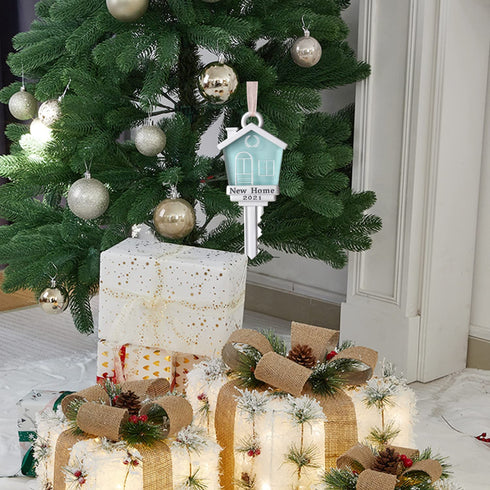 New Home Key Ornament 2021, New House Chrismas Keepsake Gifts Decoration, New House Move in Key- with Gold Ribbon (Blue)