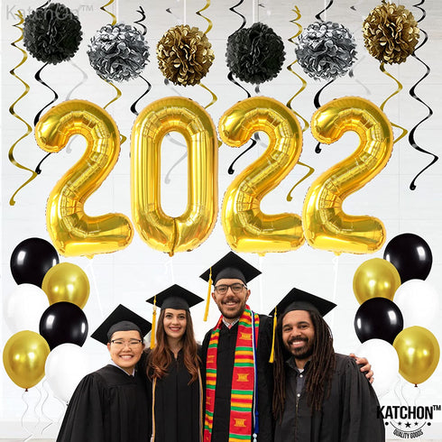 Gold 2022 Balloons Numbers Set - 40 Inch, Hanging Swirls and Pompoms | Graduation Party Decorations 2022 | Black and Gold Graduation Decorations 2022 | Graduation Balloons, Class of 2022 Decorations