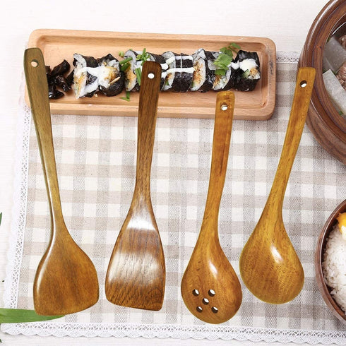 Wooden Utensils Set for Cooking Kitchen Tlever1 Solid Wood Kitchen Utensils Cooking Spatula and Spoons Set Slotted Spatula, Angled Spatula, Mixing Spoon, Colander Spoon (13.38in)