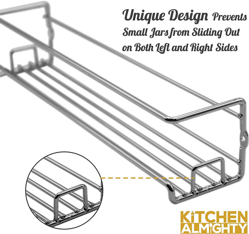 Spice Racks Organizer For Cabinet Door Mount, Wall Mounted: Unique Racks Design to Secure Jars - Set of 4 Spices & Seasoning Chrome Hanging Shelf Kit - Storage in Kitchen, Pantry, Cupboard, Countertop