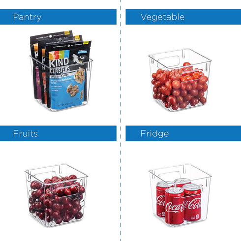 Set Of 6 Clear Pantry Organizer Bins Household Plastic Food Storage Basket with Cutout Handles for Kitchen, Countertops, Cabinets, Refrigerator, Freezer, Bedrooms, Bathrooms