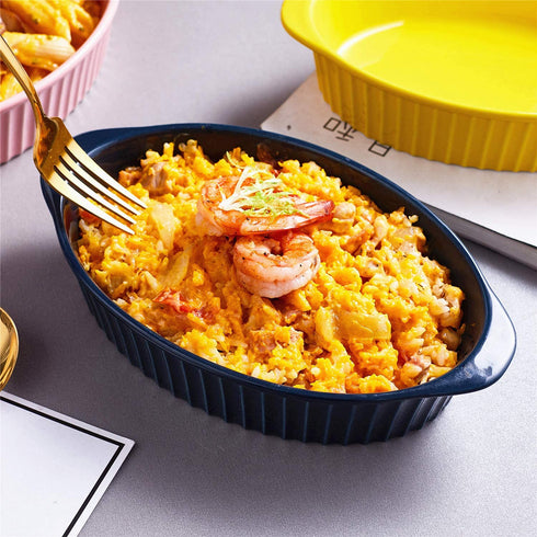 LEETOYI Porcelain Small Oval Au Gratin Pans, Baking Dish Set for 1 or 2 person servings, Bakeware with Double Handle for Kitchen and Home, Set of 2 (Navy)