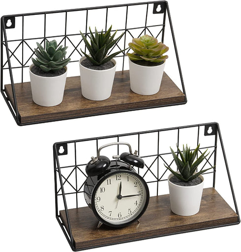 Snughome Floating Shelves Wall Mounted Set of 2, Modern Black Wire Metal Wood Wall Storage Organizer Display Shelf, Rustic Wood Wall Storage Shelves for Bedroom, Living Room, Bathroom, Kitchen