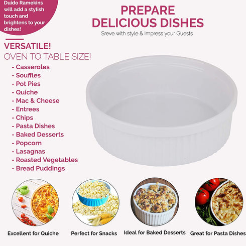 Souffle Dish Ramekins for Baking 48 Oz, 1.5 Quart Large Ceramic Oven Safe Round Fluted Ramekin Bowl with Mini Condiment Spoon for Soufflé Pot Pie Casserole Pasta Roasted Vegetables Baked Desserts