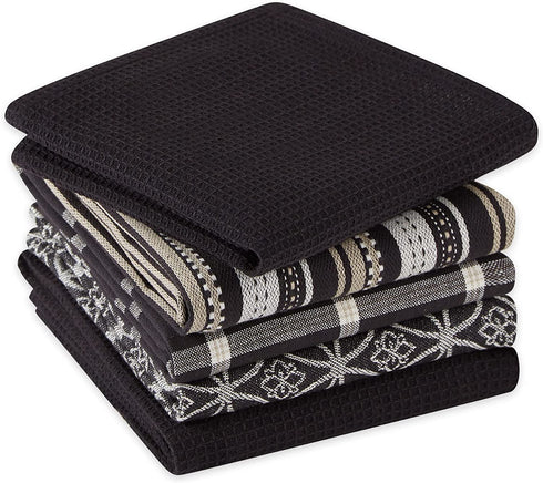 DII Assorted Woven Kitchen Set, Dishtowel, 18x28; Dishcloth, 13x13, Black, 5 Piece