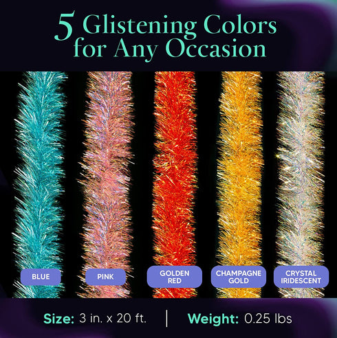 AURORAVA 20 Feet by 3 Inches Tinsel Garland for Christmas, Birthday, Weddings, Party Decorations, High-Shine, Sparkly, Fluffy Twist for All-Season Indoor Outdoor Events, Crystal Iridescent