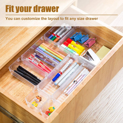 Qozary 11 Pack Clear Plastic Drawer Organizer Containers, Storage for Desk Drawers Trays, Kitchen Bathroom Makeup Drawer Dividers with Large Capacity Bins, 5-Size Trays for Bedroom Dresser Drawer