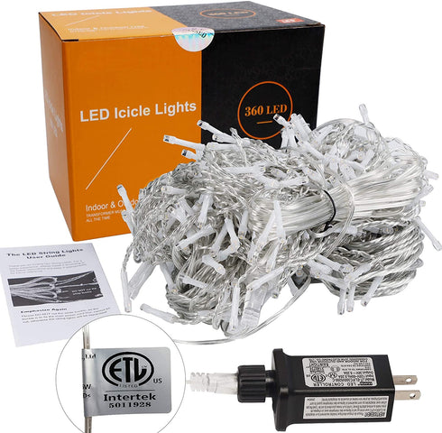 WATERGLIDE 360 LED Christmas Iciclelights Outdoor Dripping Ice Cycle String Light, 29.5ft 8 Modes Curtain Fairy Lights with 60 Drops, Indoor Xmas Holiday Wedding Party Decorations, Warm White