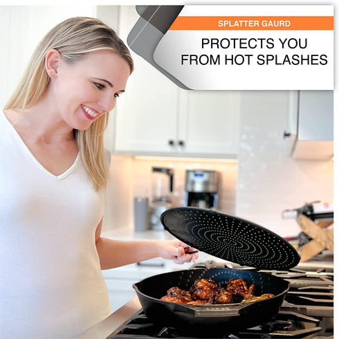 Beckon Ware NON-RUST Silicone Splatter Screen for Cooking- 11" or 13 inch Multi-Use Splatter Shield, Drain Board and Strainer. Non-Stick, Food Safe & Heat Resistant Universal Pan Cover, Black