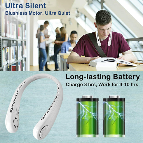 ZOEYEA Neck Fan, Portable Bladeless Hands Free Fan, Adjustable Angle 360° Cooling USB Rechargeable Quiet Wearable Hanging Sport Personal Fan, 3 Speeds, No Hair Twisting, Strong Wind (White)