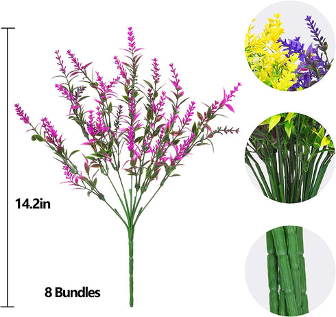 Shiny Flower Artificial Lavender Flowers Bouquet, 8 Bundles Outdoor Fake Shrubs UV Resistant Lifelike Greenery Bushes for Home Kitchen Garden Wedding Outdoor Indoor Porch Box Decorations (Mix)