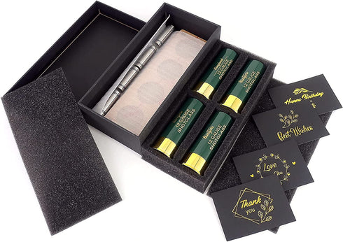 HUNTPRO 12 Gauge Shot Glass Set of 4 Green Shot Glasses with Acrylic Tray Cup Holder Gift Box Blessing Cards, Cool Funny Gift for Men