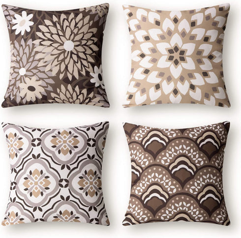 Phantoscope Set of 4 New Living Series Dahlia and Oriental Double Side Print Decorative Throw Pillow Case Cushion Cover, Coffee, 18 x 18 inches, 45 x 45 cm