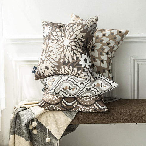 Phantoscope Set of 4 New Living Series Dahlia and Oriental Double Side Print Decorative Throw Pillow Case Cushion Cover, Coffee, 18 x 18 inches, 45 x 45 cm