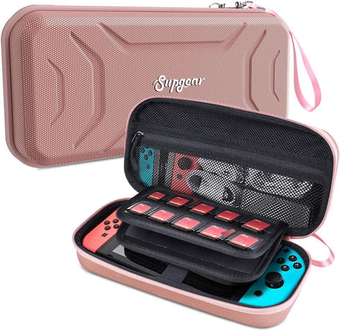 Supgear Carry Case Compatible with Nintendo Switch, Protective Hard Portable Travel Carry Case Shell Pouch for Nintendo Switch Console & Accessories with 20 Game Cartridges (Rose Gold)
