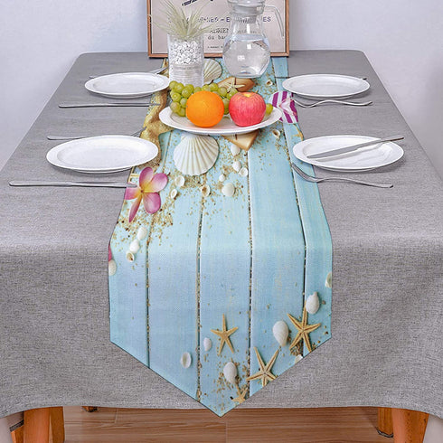 Vandarllin Cotton Linen Table Runner Dresser Scarves Beach Theme Seashells Starfish&Blue Rustic Wood Non-Slip Burlap Table Setting Decor for Wedding Party Holiday Dinner Home (13X70 Inch Long)