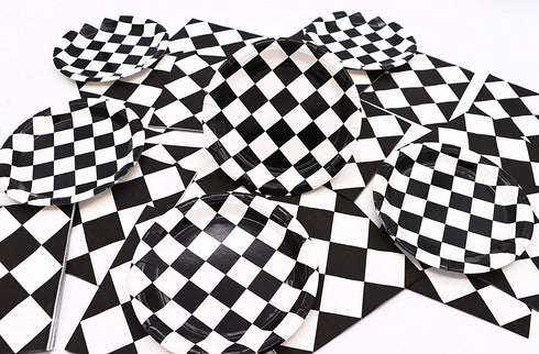 Black and White Checkered Racecar Themed Birthday Party Cake Plates Napkins and Tablecloth Children's Birthday Party Decorations for Boys Girls (Serves 20)