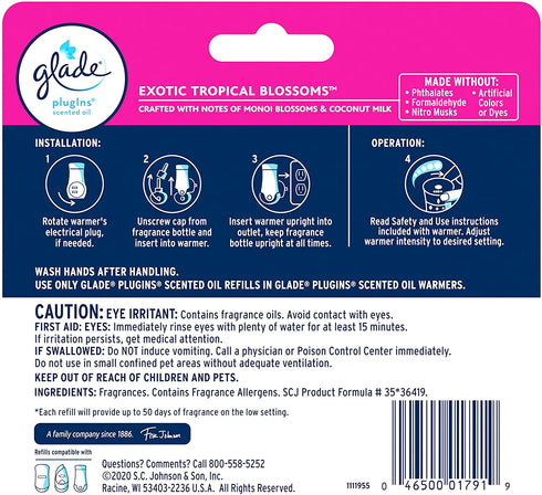 Glade PlugIns Refills Air Freshener, Scented and Essential Oils for Home and Bathroom, Exotic Tropical Blossoms, 3.35 Fl Oz, 5 Count
