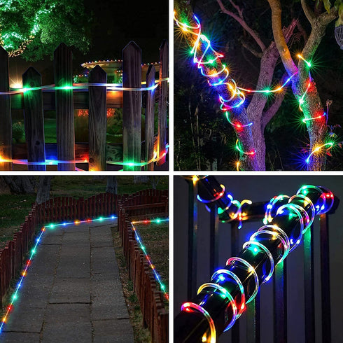 JMEXSUSS 2 Pack 100 LED Solar Rope Lights,33ft 8 Modes Solar Rope Lights Outdoor Waterproof LED Solar Powered Rope Tube for Trampoline Fence,Gazebo,Yard,Walkway,Path(Multi Color)