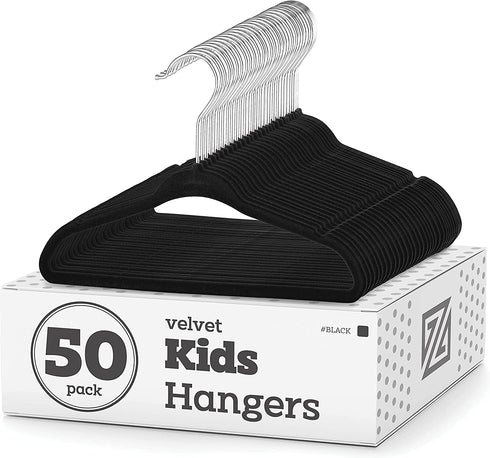 ZOBER Premium Kids Velvet Hangers (14 Inch - 50 Pack) Non Slip Baby Hangers, Ultra Slim Space Saving Childrens Hangers - 360Degree Swivel Hook, Strong & Durable Infant/Toddler Hangers (Medium - Black)