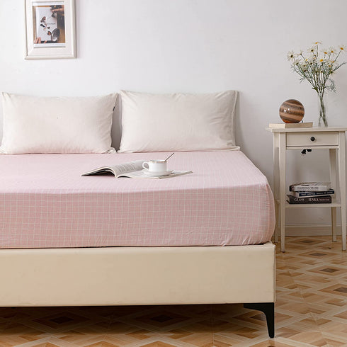 AOJIM Pure Cotton Printing Fitted Sheet Twin Size 39"x75" with 15" Deep Pocket Design Pink Grids Mattress Cover for Kids/Adults / Only One Piece