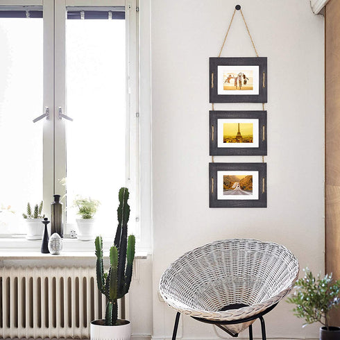 DLQuarts Hanging Picture Frames Collage Wall Decor 5x7 or 3.5x5 with Mat, Rustic Wood 3 Photo Frame, Weathered Black